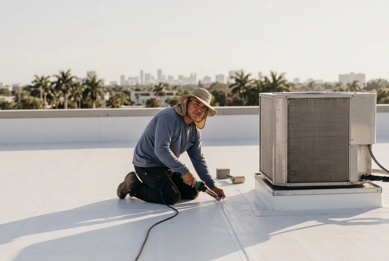 Roofer heat welding a seam on a flat TPO roof