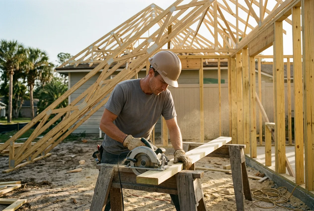 Carpenter cutting a stud while framing a room addition