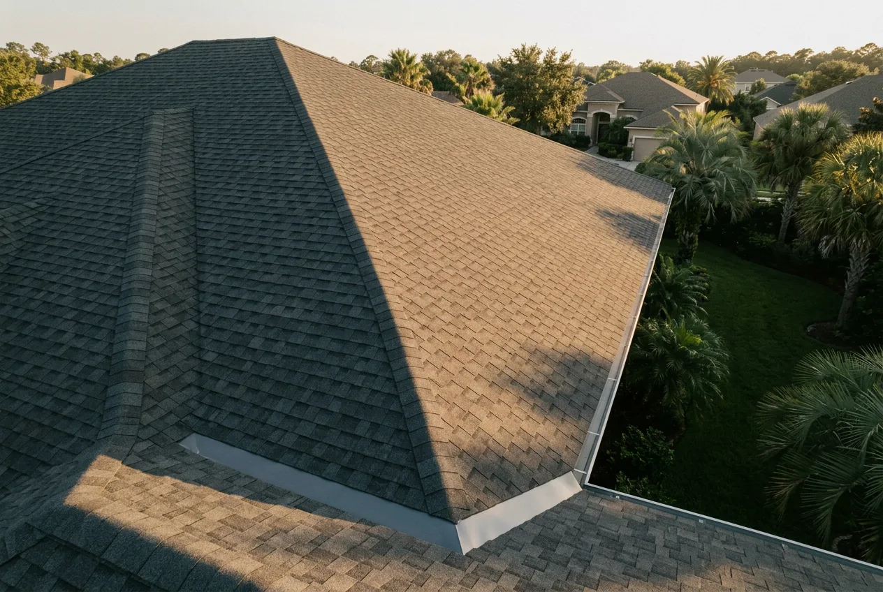 Finished charcoal shingle roof seen from above