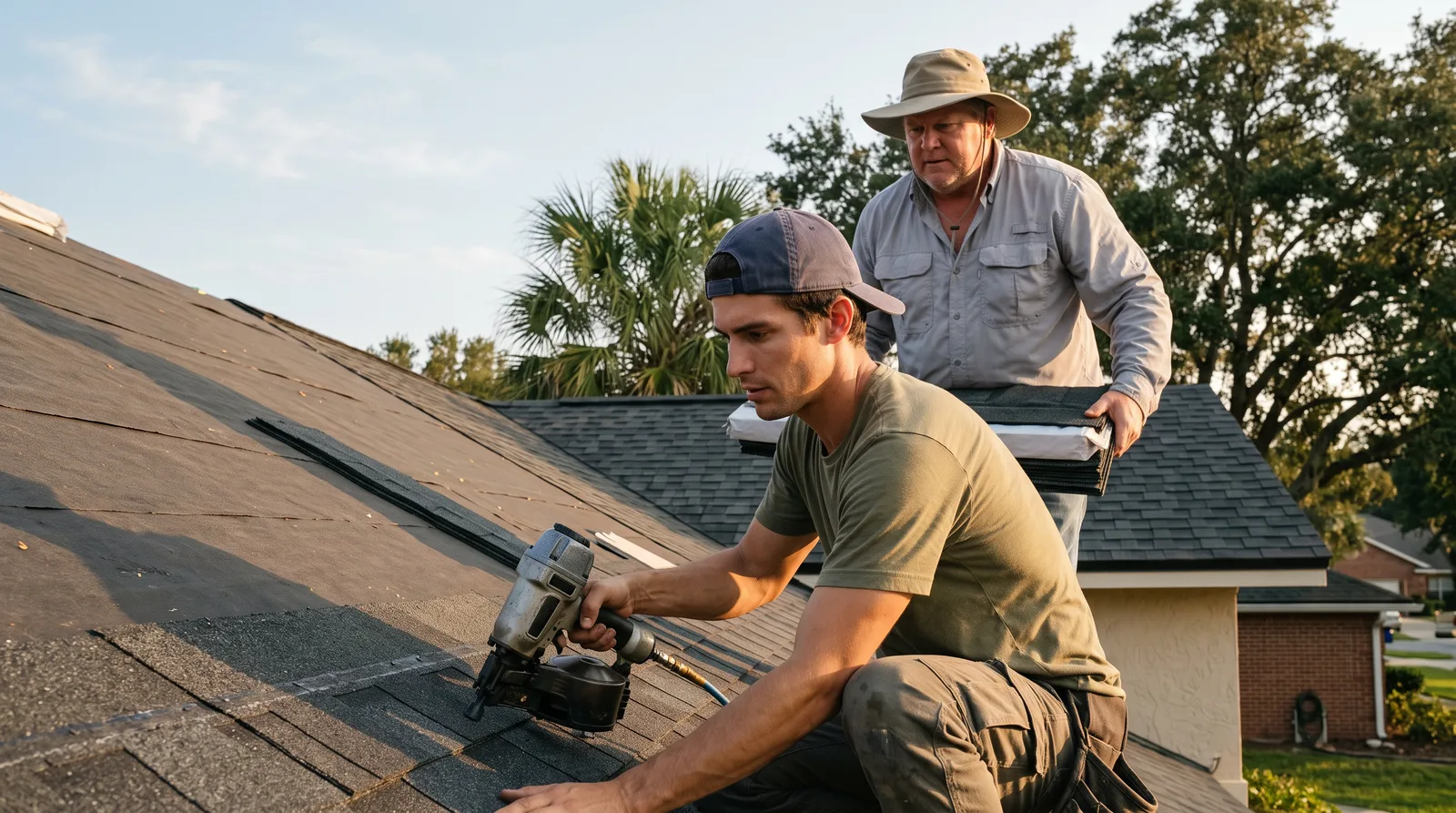 Roofing crew working on a Florida home roof