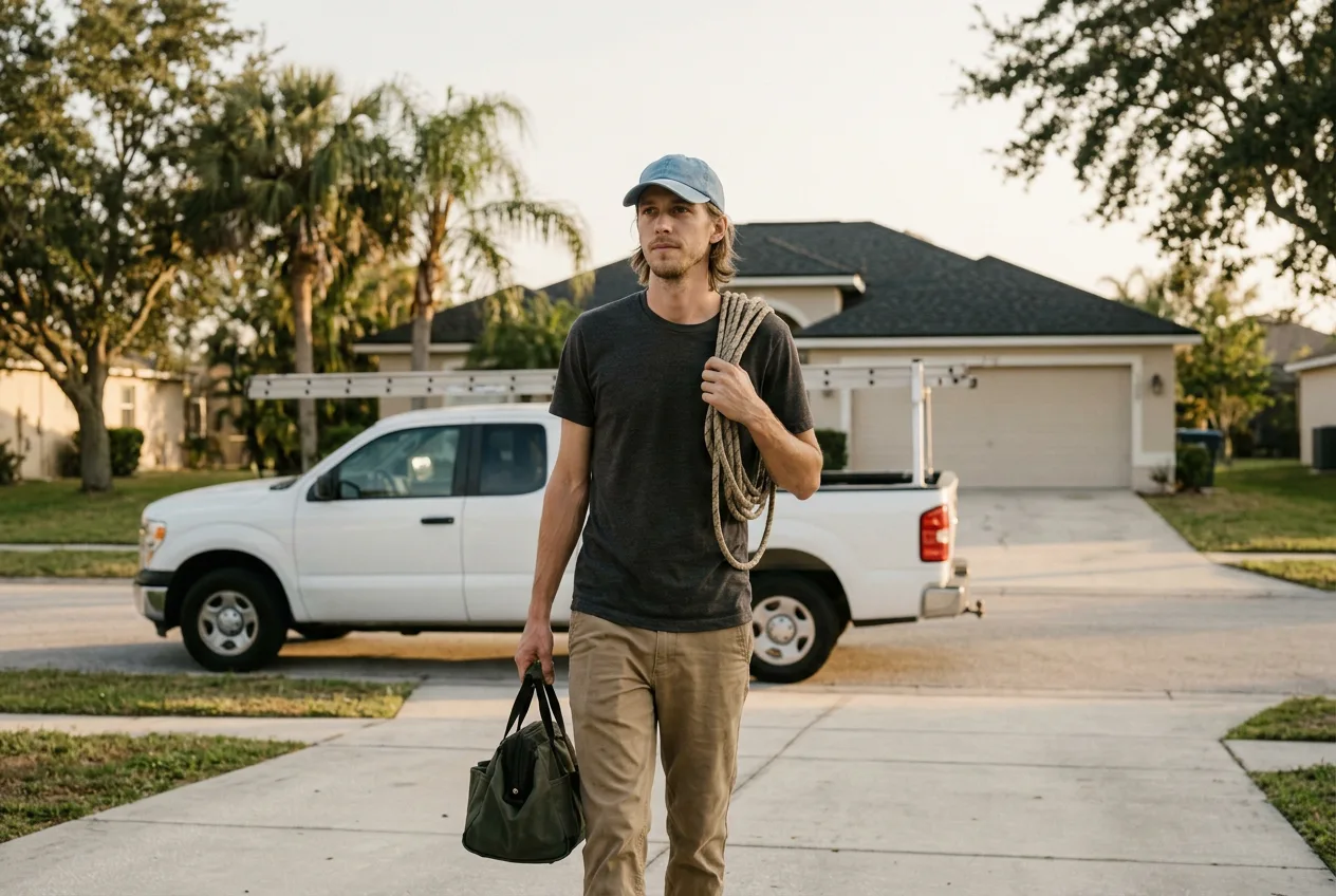 Roofer walking up a driveway with his tools