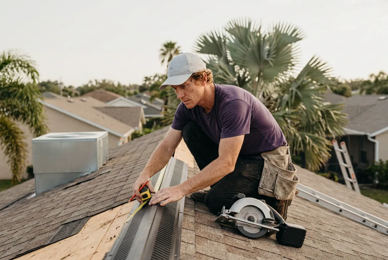 Carpenter marking a length of ridge vent