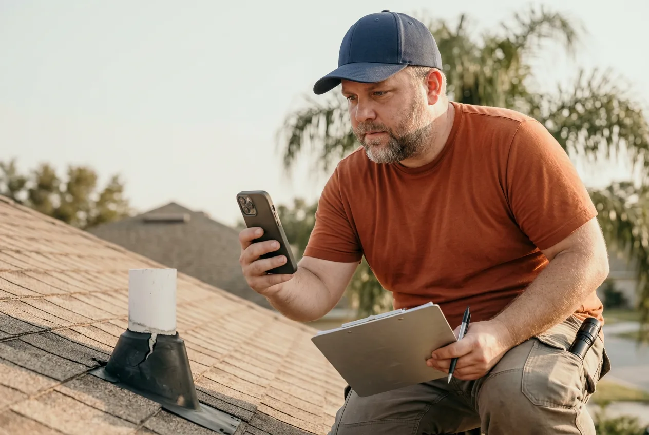 Roofer photographing a cracked pipe boot during an inspection