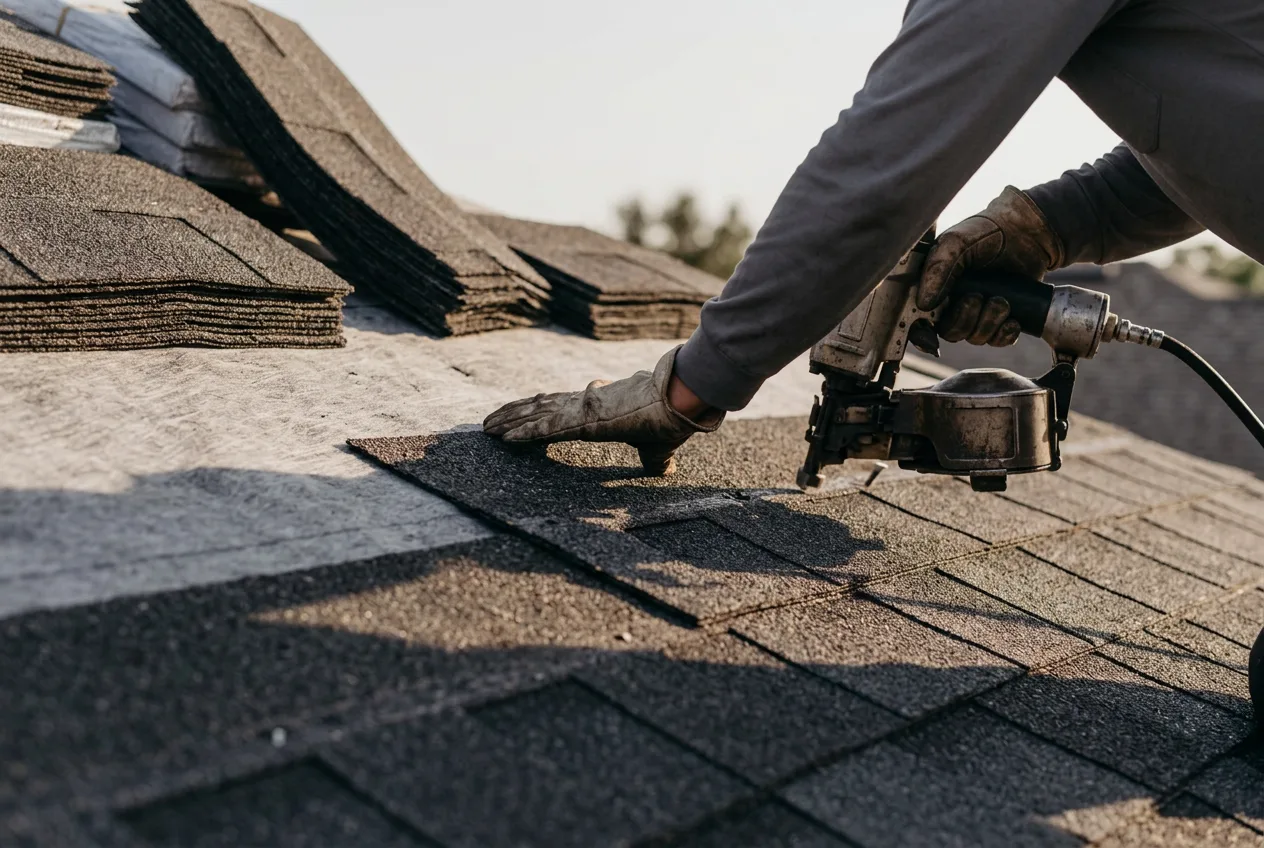 Nail gun setting an architectural shingle in place