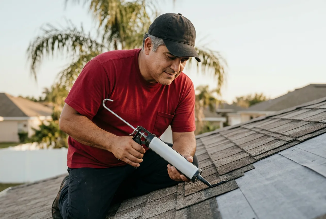 Roofer sealing a repaired shingle course