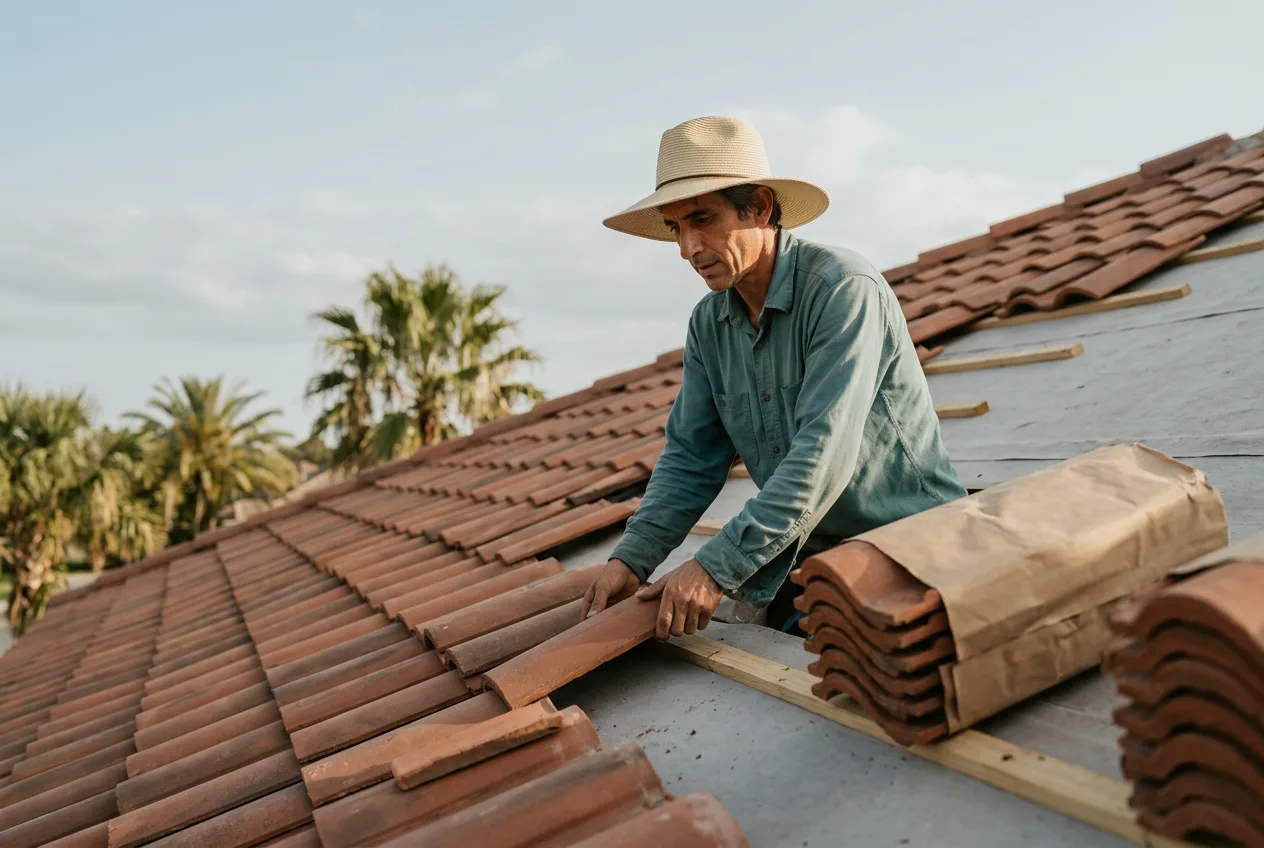 Roofer setting barrel tile in courses
