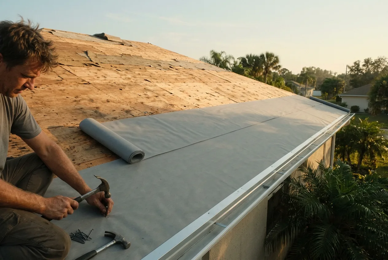 Roof deck stripped to plywood with new underlayment going down