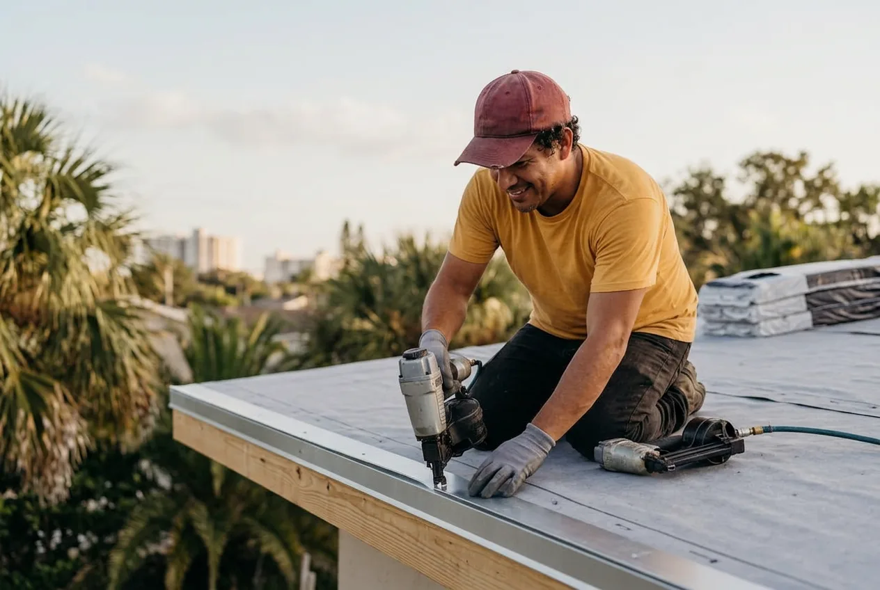 Roofer fastening new drip edge along the eave of a Florida home