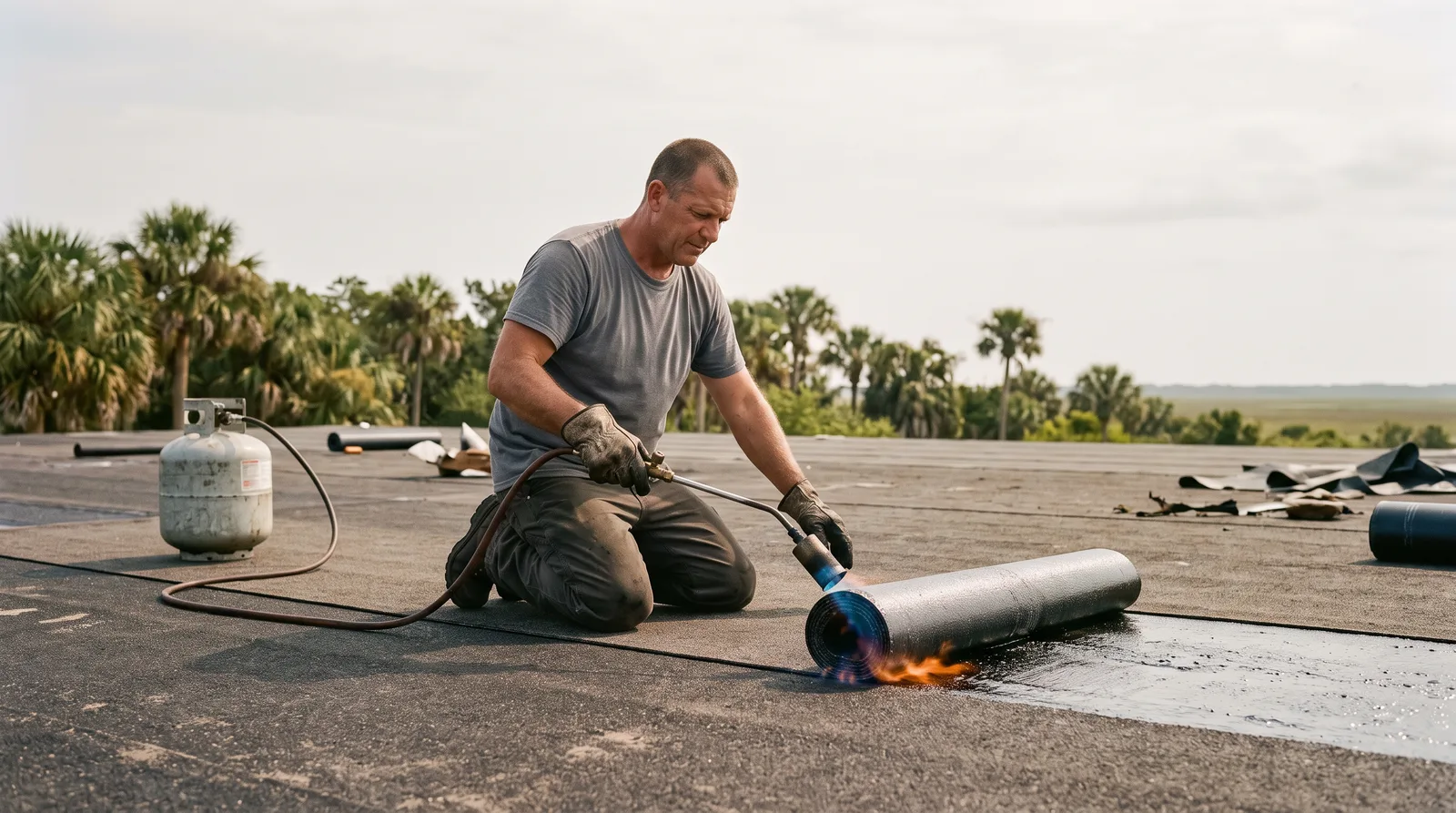 Roofer running a propane torch along a dark modified bitumen cap sheet on a low-slope roof