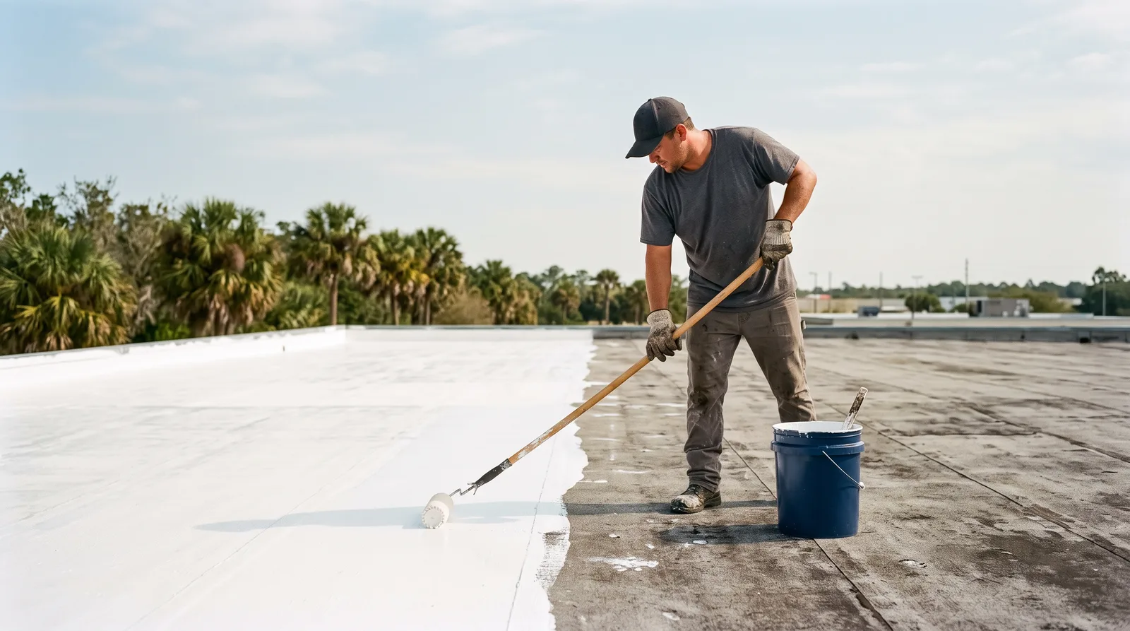 Worker rolling white silicone coating across a commercial flat roof