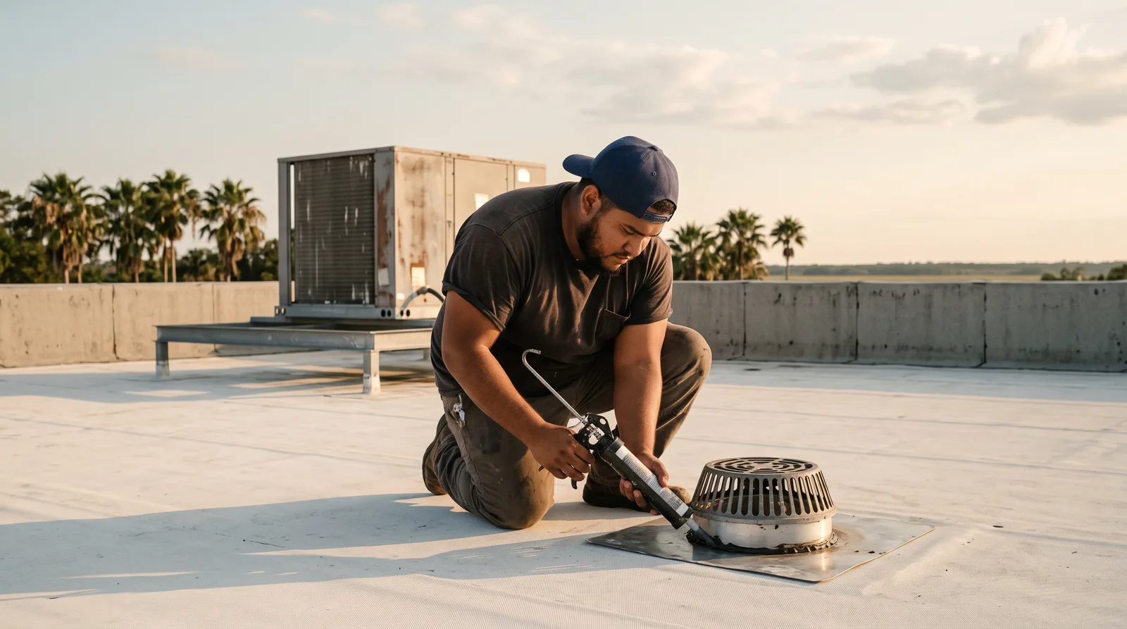 Roofer sealing the flashing around a roof drain on a white flat commercial roof