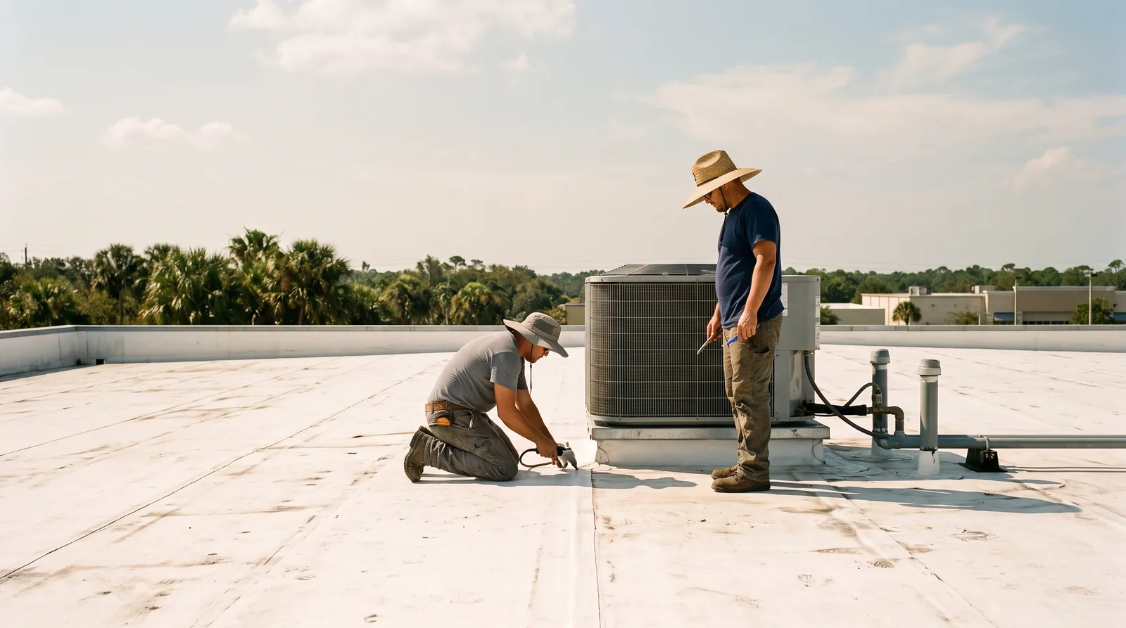 Roofing crew working on a white flat commercial roof in Northeast Florida