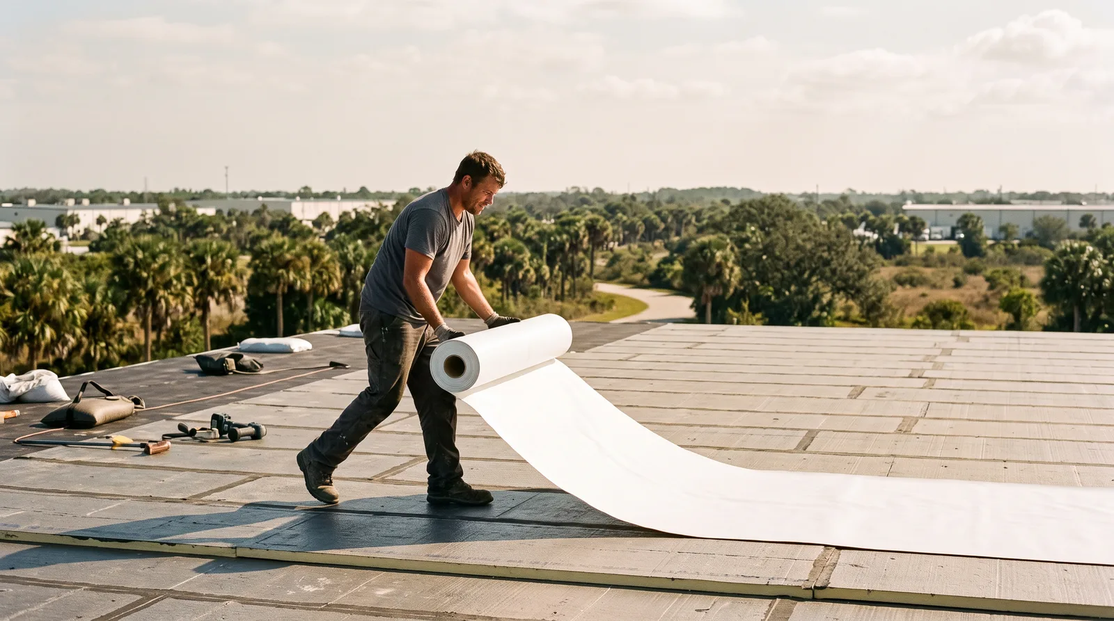 Roofer rolling out a white single-ply membrane across a flat commercial roof