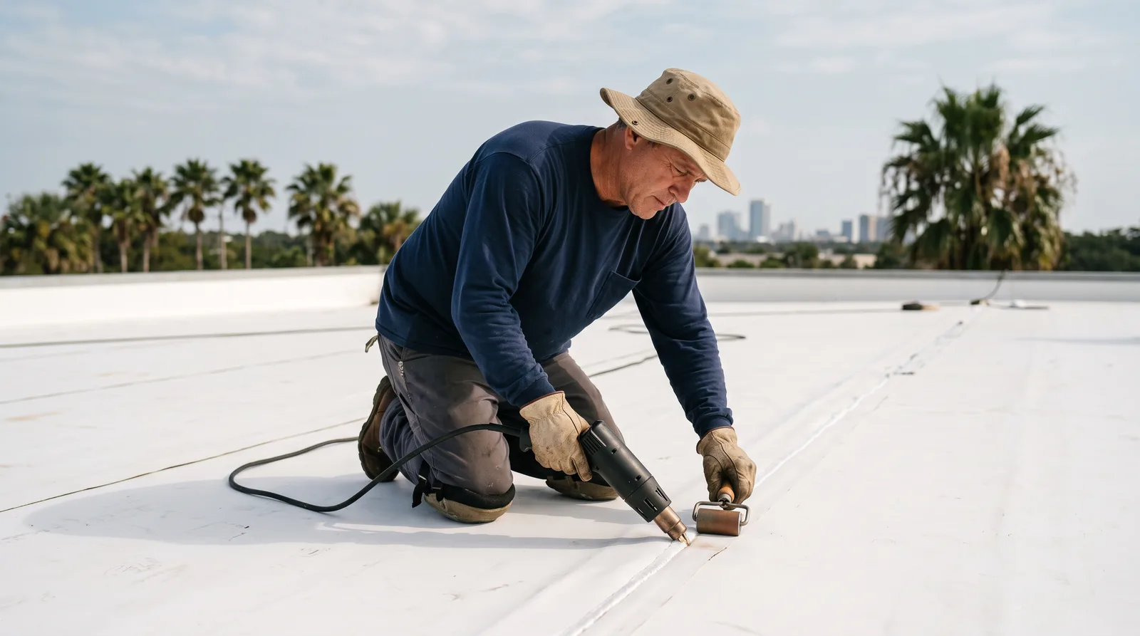Roofer heat-welding a seam on a white single-ply membrane roof