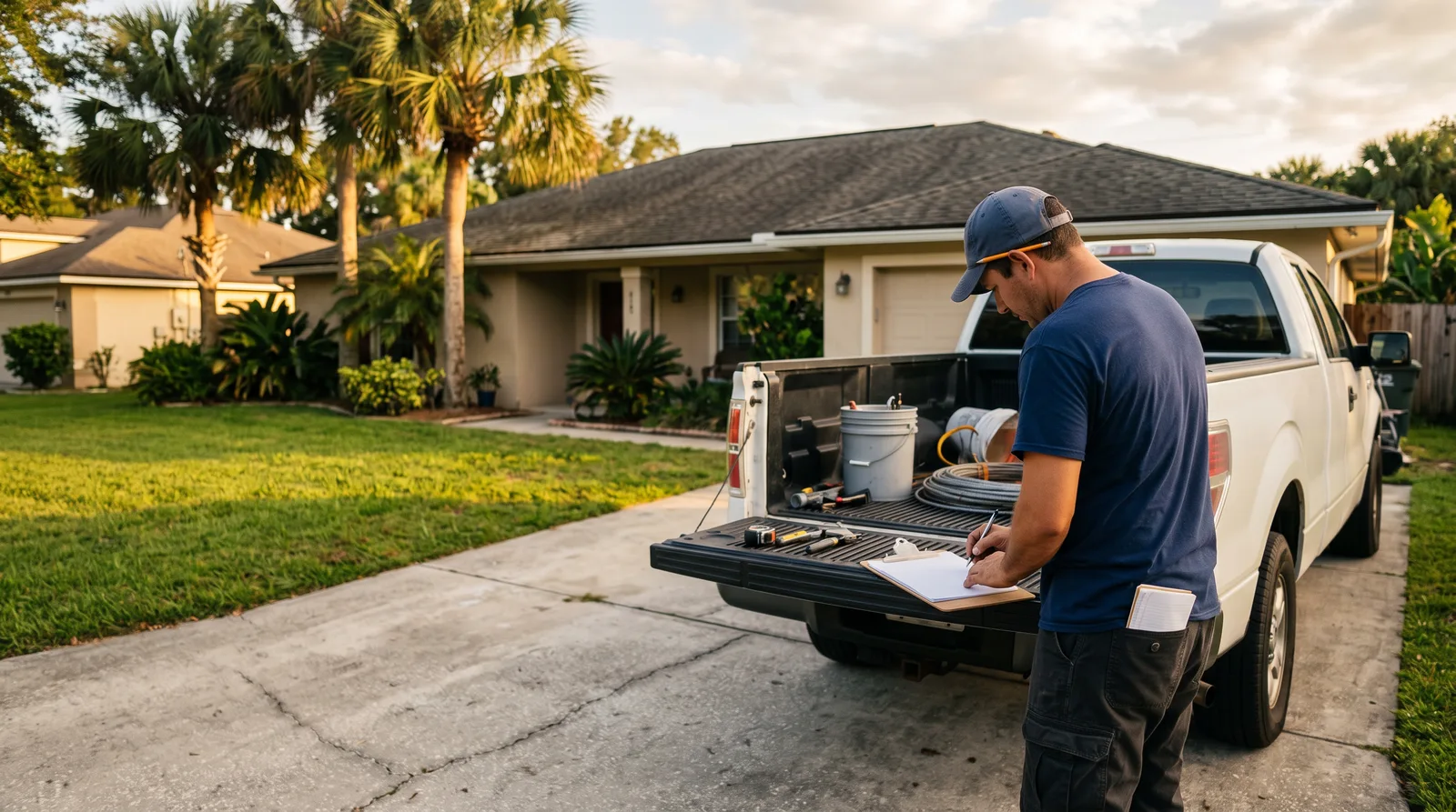 Roofer writing a written estimate on a clipboard at his truck in a driveway
